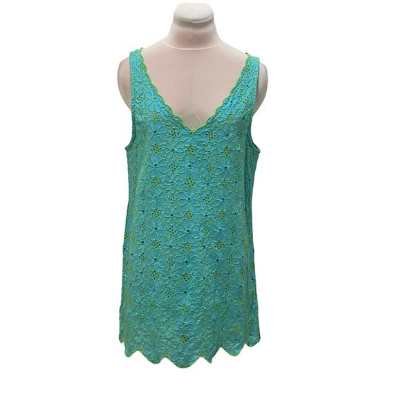 NWT MUDPIE MUD PIE Aqua Lime Floral Eyelet Sleeveless Cover Up MEDIUM Cotton NEW - Picture 1 of 6